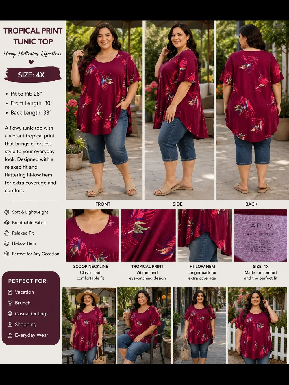 Apt. 9 Women's Tropical Print Tunic Top - Burgundy with Multicolor Leaf Accents